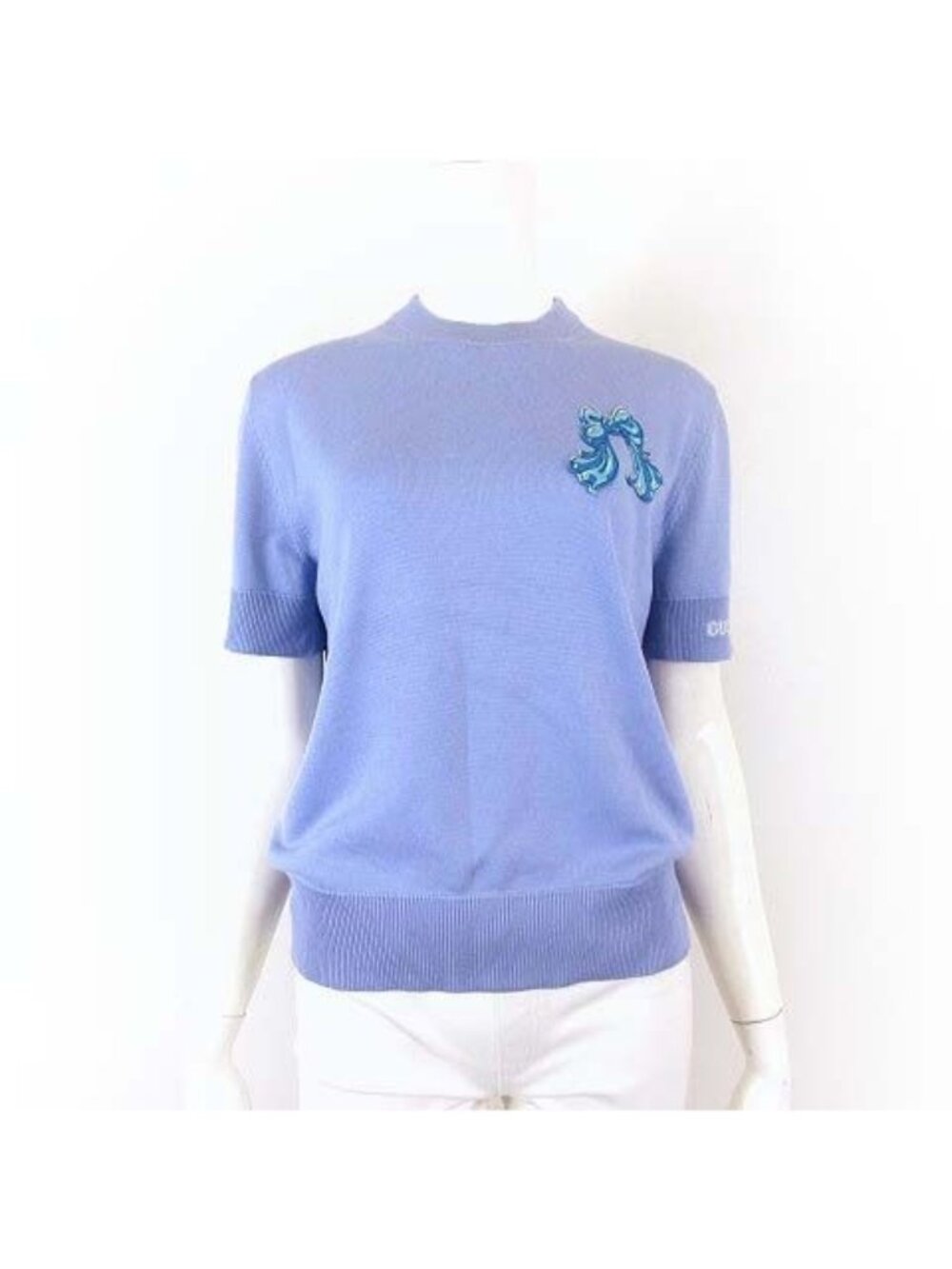 Gucci Embroidery Fine Wool Knit Sweater Short Sleeve Logo Ribbon Light Blue